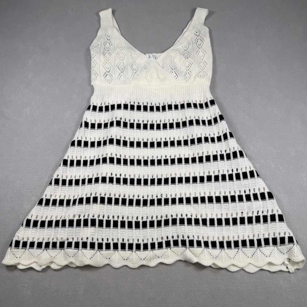 Knit Mix Womens White Black Pointelle Knit Sleeveless V-Neck A-Line Mini Dress L